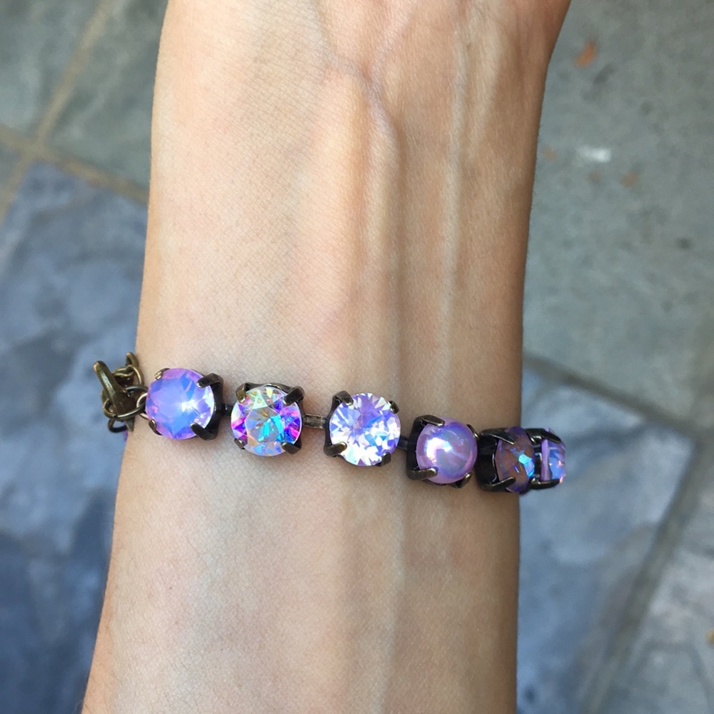 Amethyst, Violet, + iridescent Purple Opal Antique Brass Crystal Tennis Bracelet - Picture 16 of 17